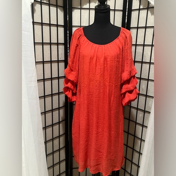 INDIGO ROSE DEEP CORAL OFF THE SHOULDER RUFFLED 3/4 SLEEVE DRESS SIZE 2X - Picture 9 of 11